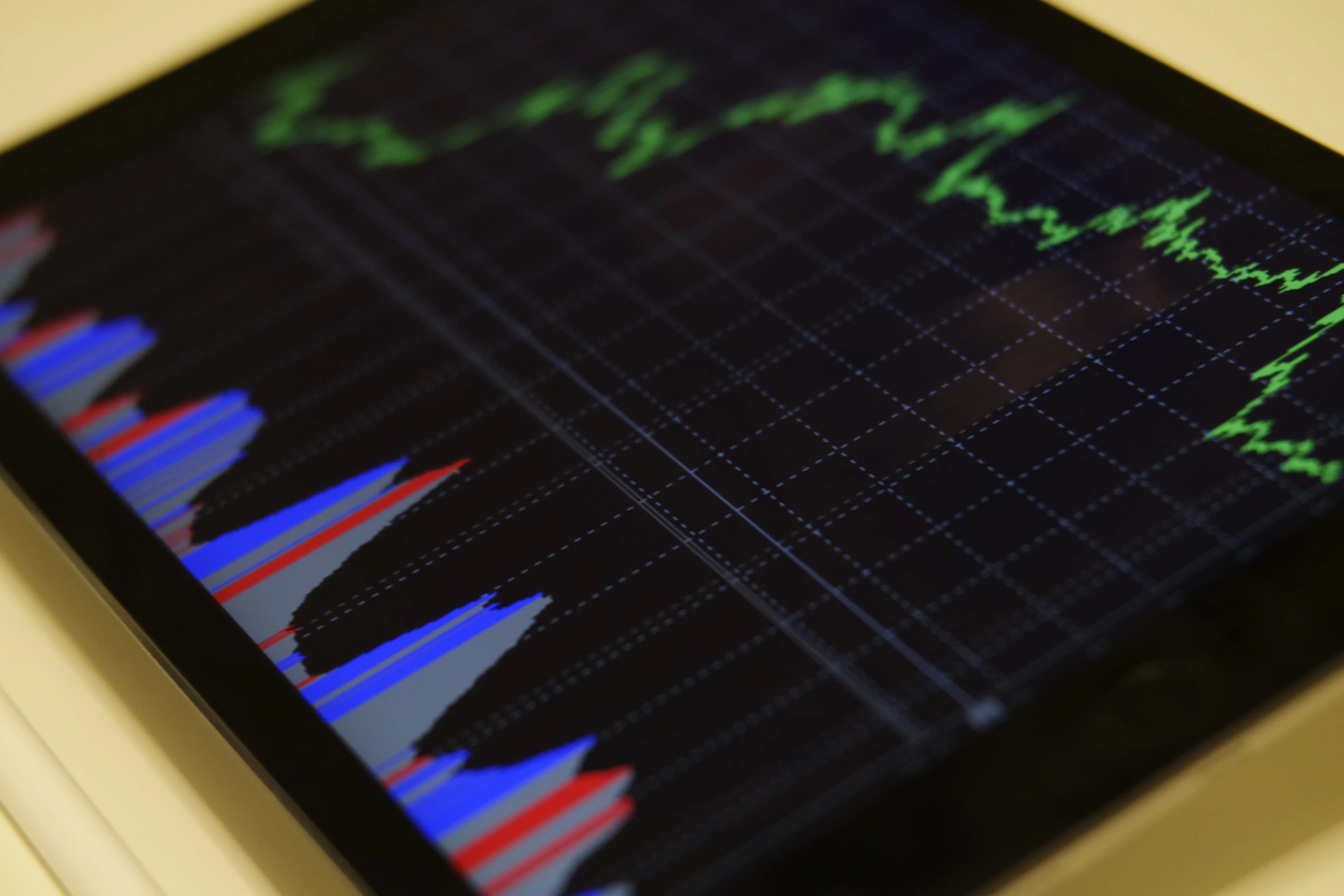 A stock trading chart on a tablet, representing backtesting a stock strategy with historical data