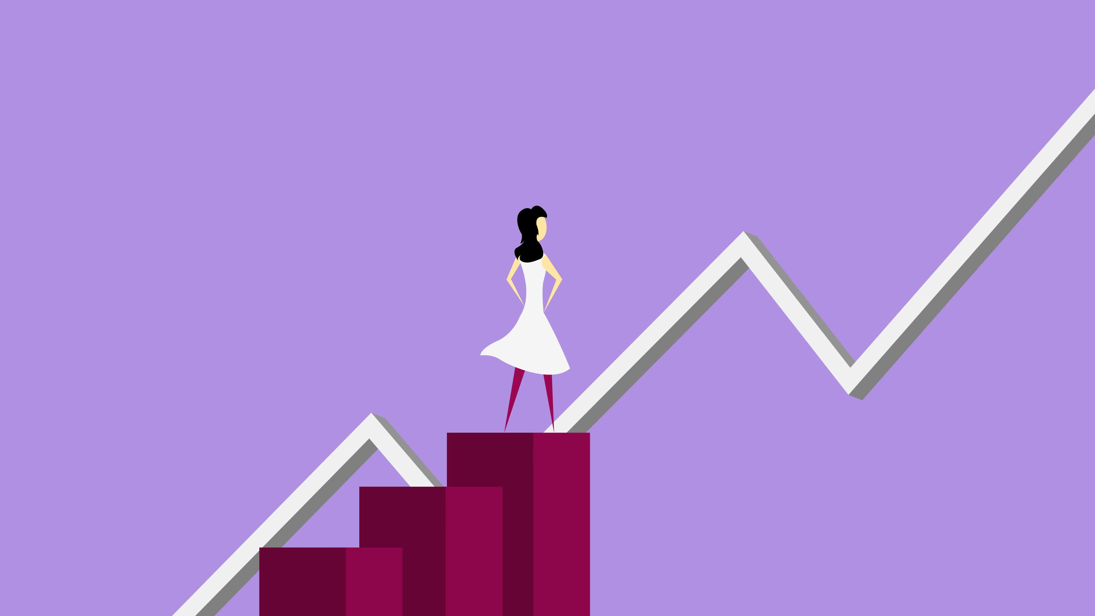 An illustration of a person standing on a rising bar chart, representing average stock market returns