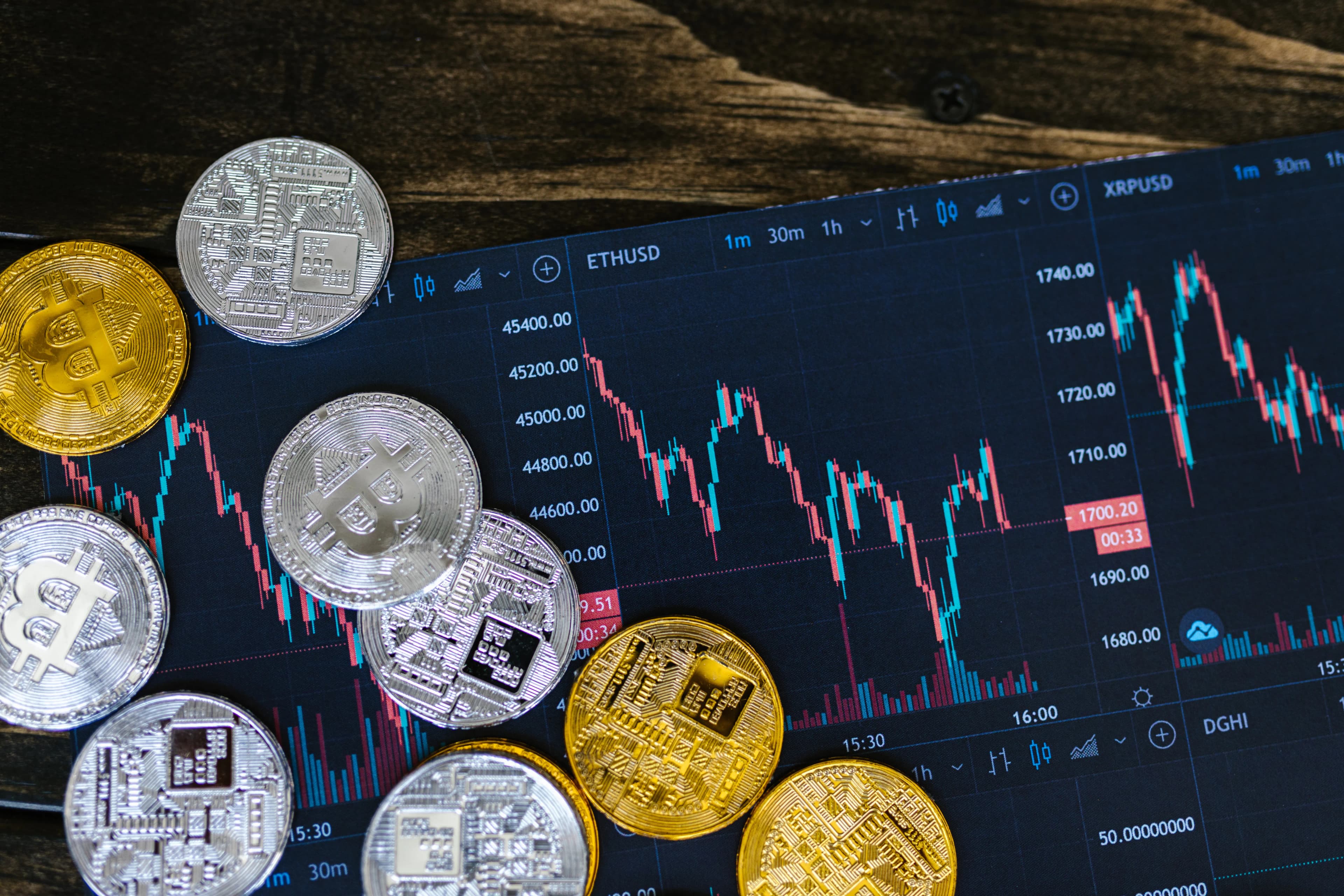 Cryptocurrency coins on a trading chart, representing the XRP rally